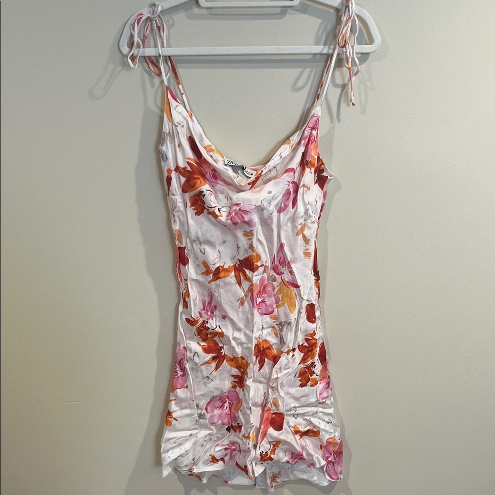 Zara Floral Satin Dress with Pink and Orange Accents